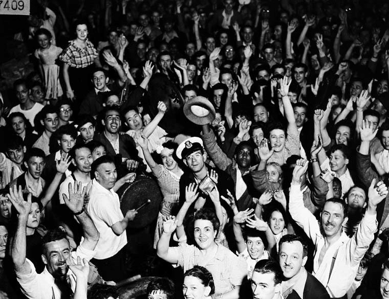 Vintage photo of a cheering crowd