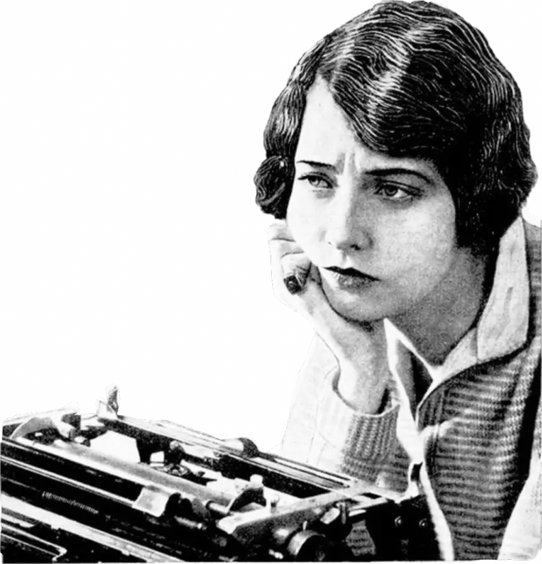 Vintage picture of a woman thinking in front of a typewriter